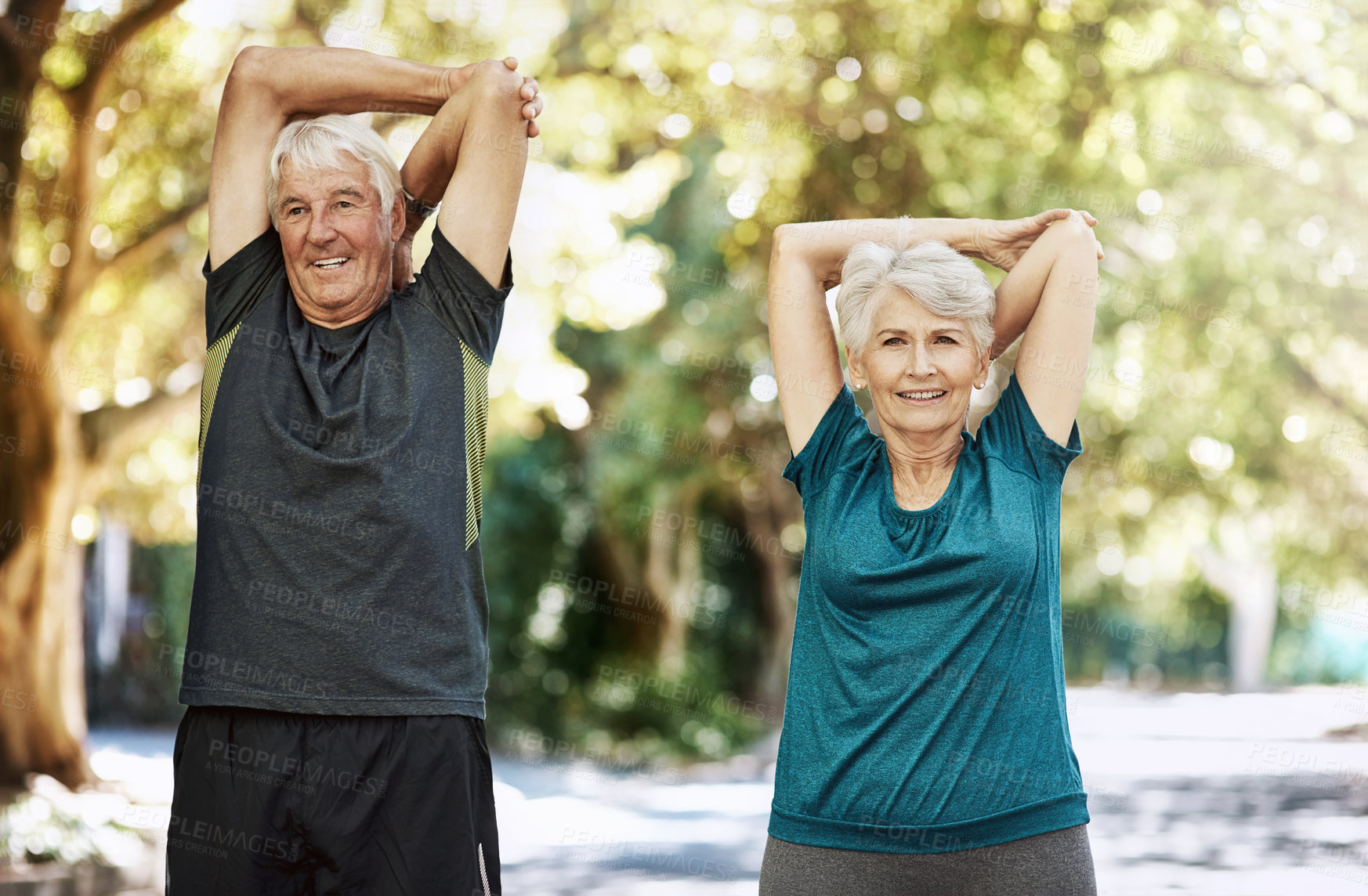 Buy stock photo Park, stretching and senior couple with portrait, fitness and workout with sunshine, challenge and energy. Exercise, old man and mature woman with activity, wellness and cardio with health and nature