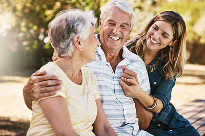 Buy stock photo Family, park and woman with elderly parents outdoors, bonding and having fun. Love, support and female with grandma and grandfather in retirement, talking and enjoying quality time together in nature