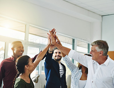 Buy stock photo High five, celebrating and winning business team or cheerful successful company with diverse people. Positive, unity and fun group of happy corporate professionals achieving success and cheering