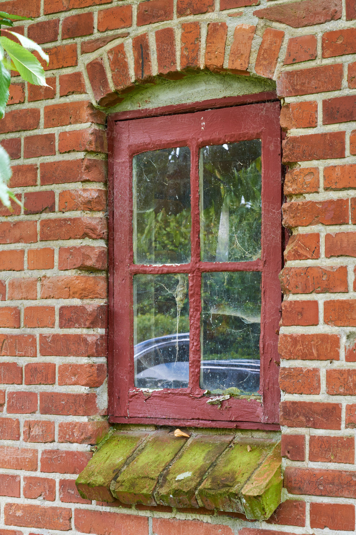 Buy stock photo Architecture, frame and brick wall with window on building for exterior, glass and apartment. Wood, real estate and property with shutters on house for pattern, texture and antique background 