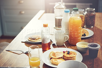 Buy stock photo Shot of pancakes on a breakfast table