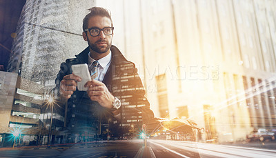 Buy stock photo Multiple exposure shot of a young man superimposed over a cityscape