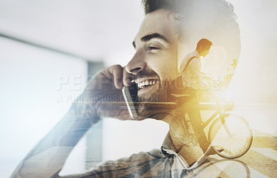 Buy stock photo Multiple exposure shot of a man talking on a cellphone superimposed over a shot of him riding a bicycle