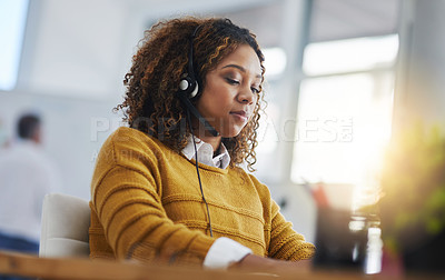 Buy stock photo Virtual assistant, chat or girl typing in call center consulting online at customer services help desk. Crm, computer or biracial woman consultant in telemarketing or telecom company agency in office