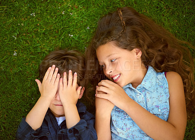 Buy stock photo High angle shot of a young boy playing peekaboo with his sister outside on the lawn