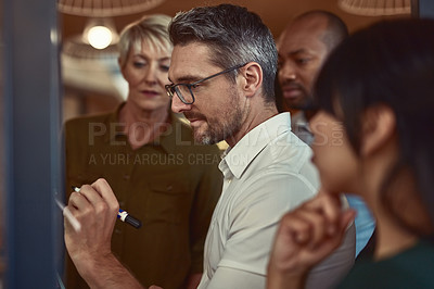 Buy stock photo Businessman, coach and writing in schedule planning for team brainstorming, collaboration or strategy at office. Man employee in leadership, coaching or training staff in teamwork for project plan