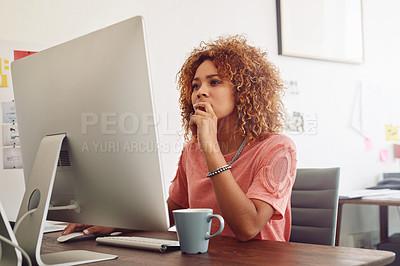 Buy stock photo Web design, thinking or woman with computer for research, editing or copywriting on blog or website. African person, agency or worker in office, working on internet update, networking or reading news