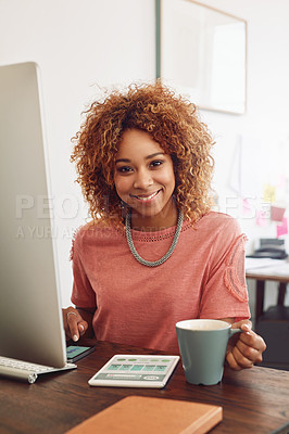 Buy stock photo Portrait, happy woman or designer with tablet for research, communication or update on blog in office. Smile, phone or employee at desk working on internet, networking or reading agency dashboard 