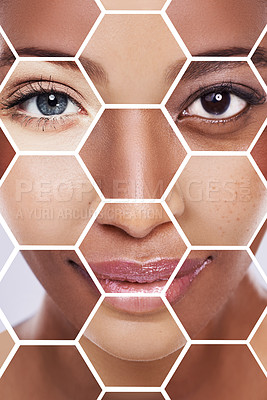 Buy stock photo Shot of a beautiful young woman in the studio with her face displayed as a mosaic