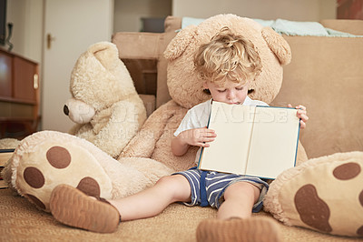 Buy stock photo Shot of an adorable little boy reading with his teddy bear at home