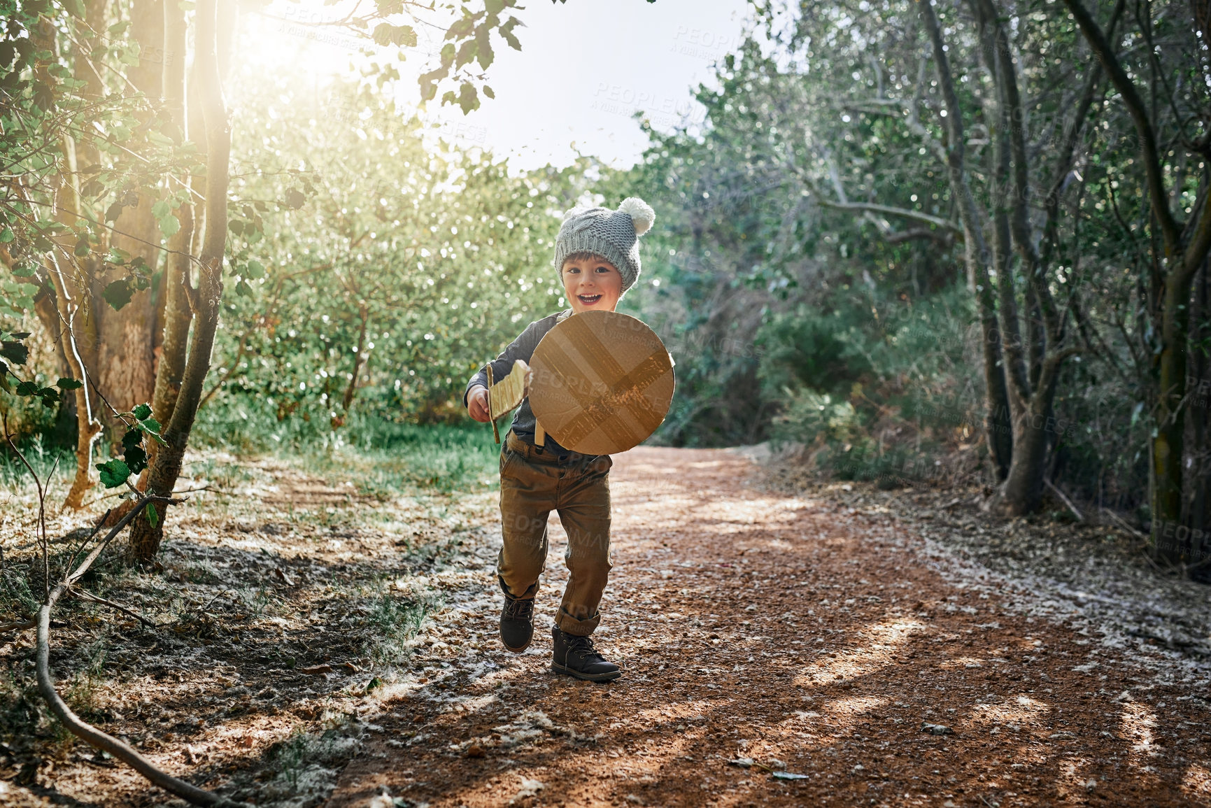 Buy stock photo Portrait of an adorable little boy playing with a cardboard sword and shield outside