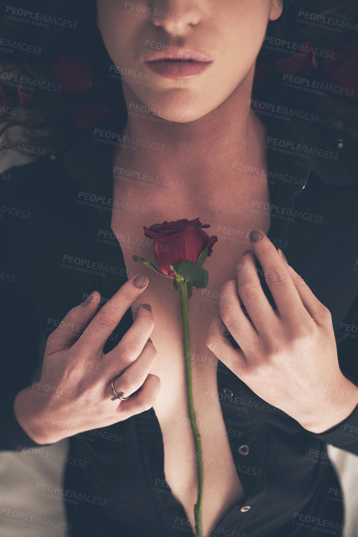 Buy stock photo High angle shot of an unidentifiable young woman opening her shirt in bed to reveal a rose on her chest