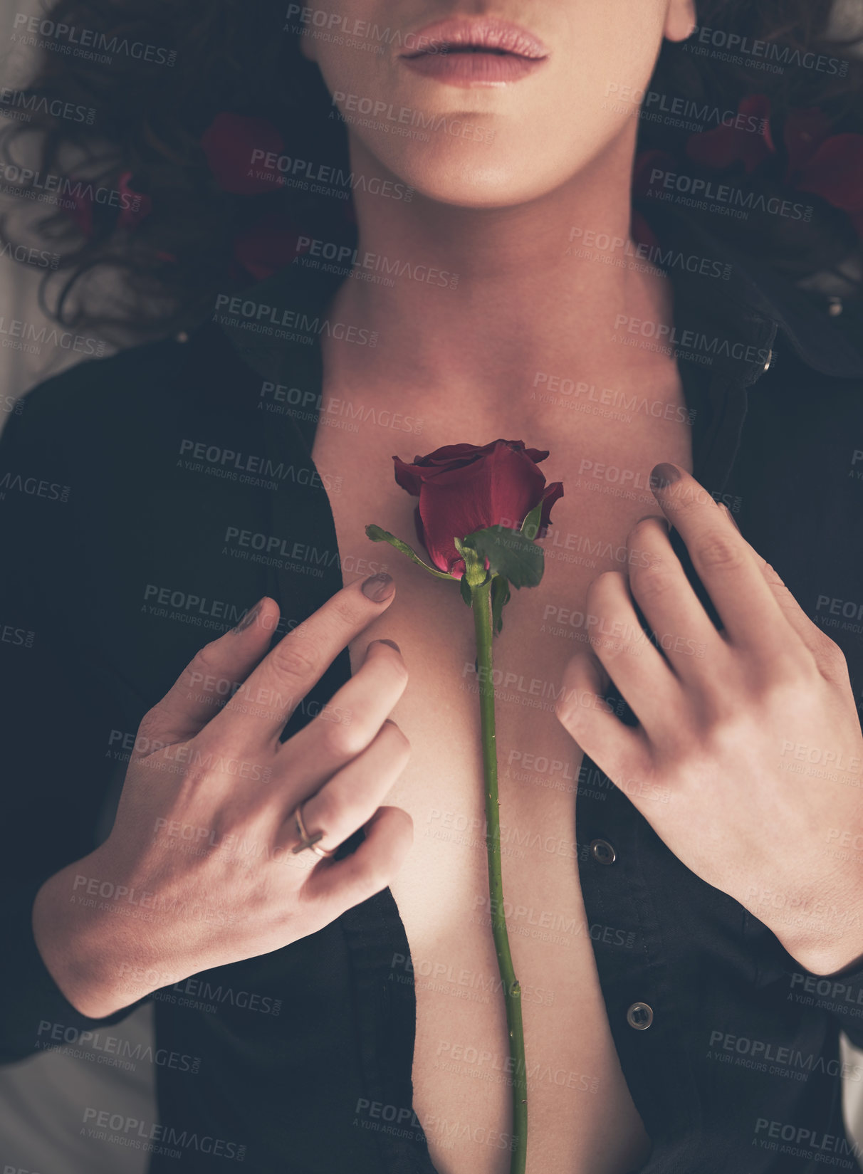 Buy stock photo High angle shot of an unidentifiable young woman opening her shirt in bed to reveal a rose on her chest