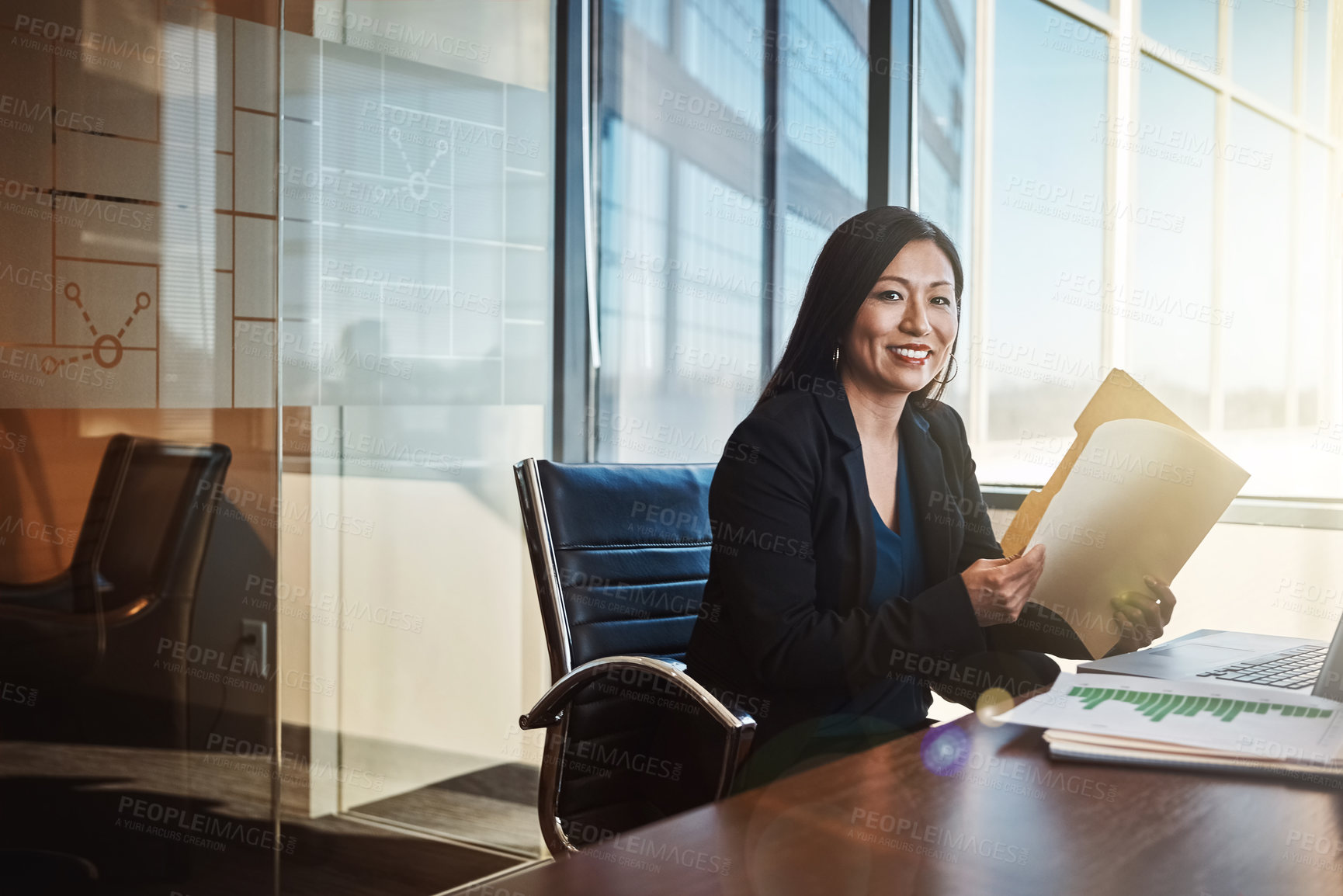 Buy stock photo Smile, portrait and business woman with documents in office with folder of financial budget report. Planning, finance and Asian female investment banker with company stock market analysis paperwork.