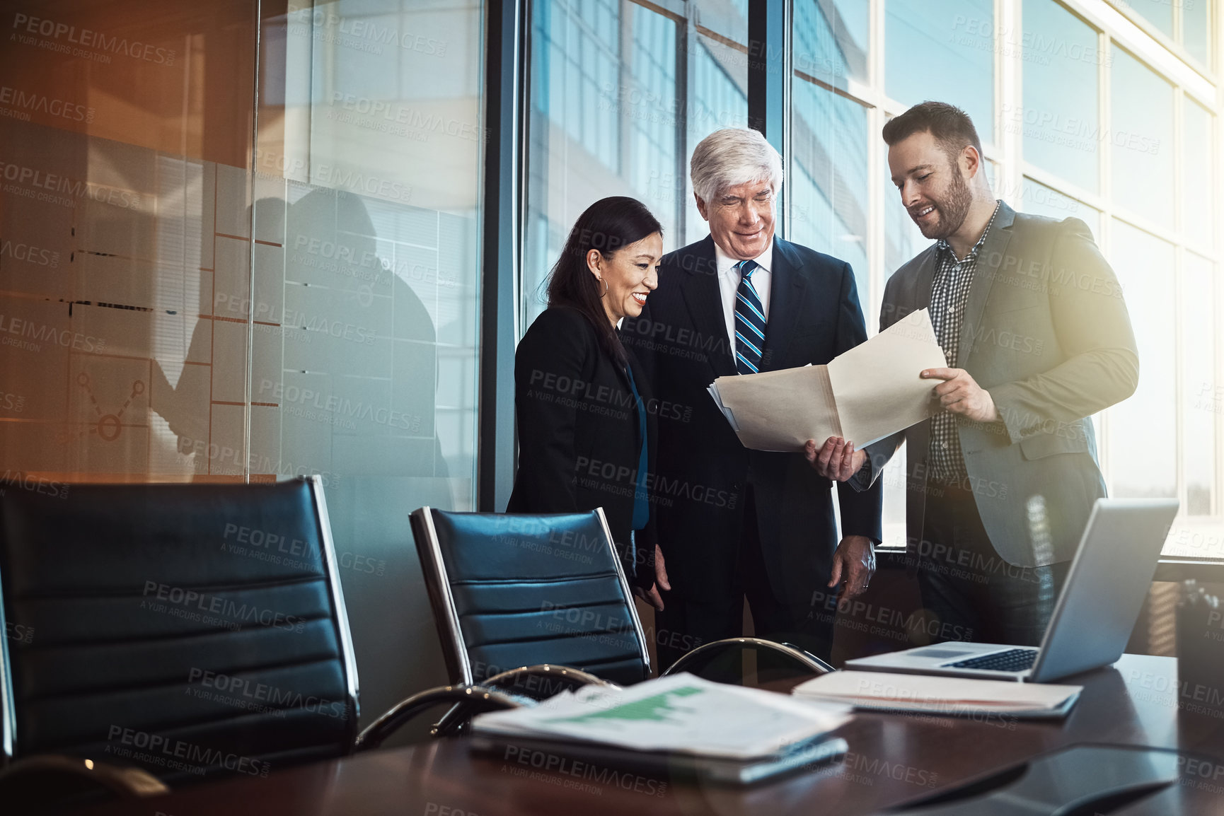 Buy stock photo Business man, woman and documents in boardroom with discussion, computer and reading at financial agency. People, team and group with paperwork for stats, feedback and collaboration in modern office