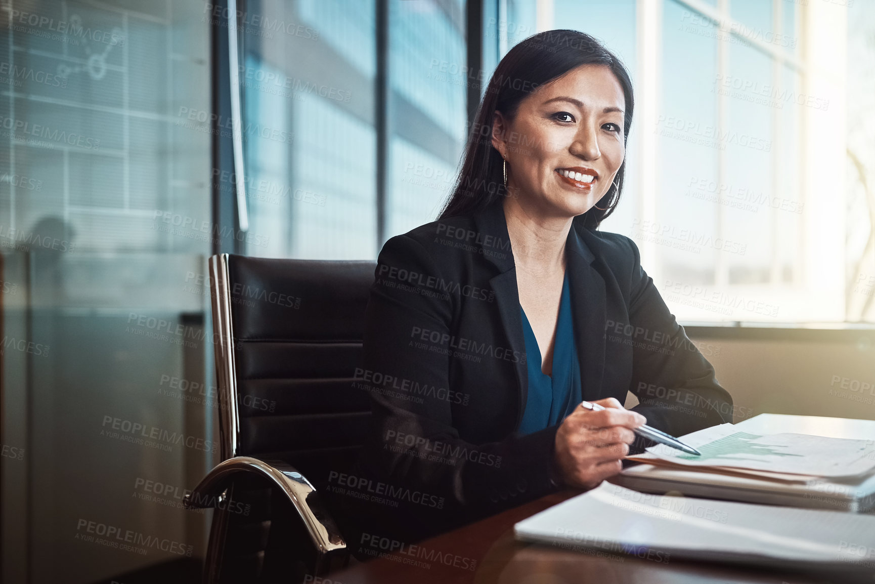 Buy stock photo Asian woman, portrait and documents with charts, smile and review for financial data at agency. Risk analyst, person or happy with paperwork, stats or info on graphs for business growth in Jakarta