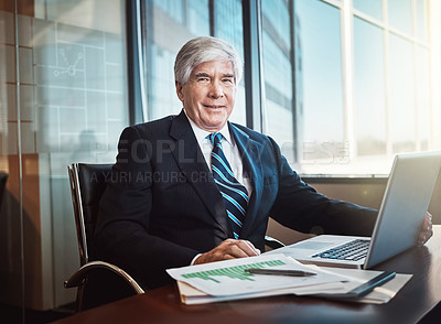 Buy stock photo Ceo, senior businessman and corporate office with documents for manager of company. Accountant, experienced and agency with expert in portrait with smile, confidence and pride for career with tech