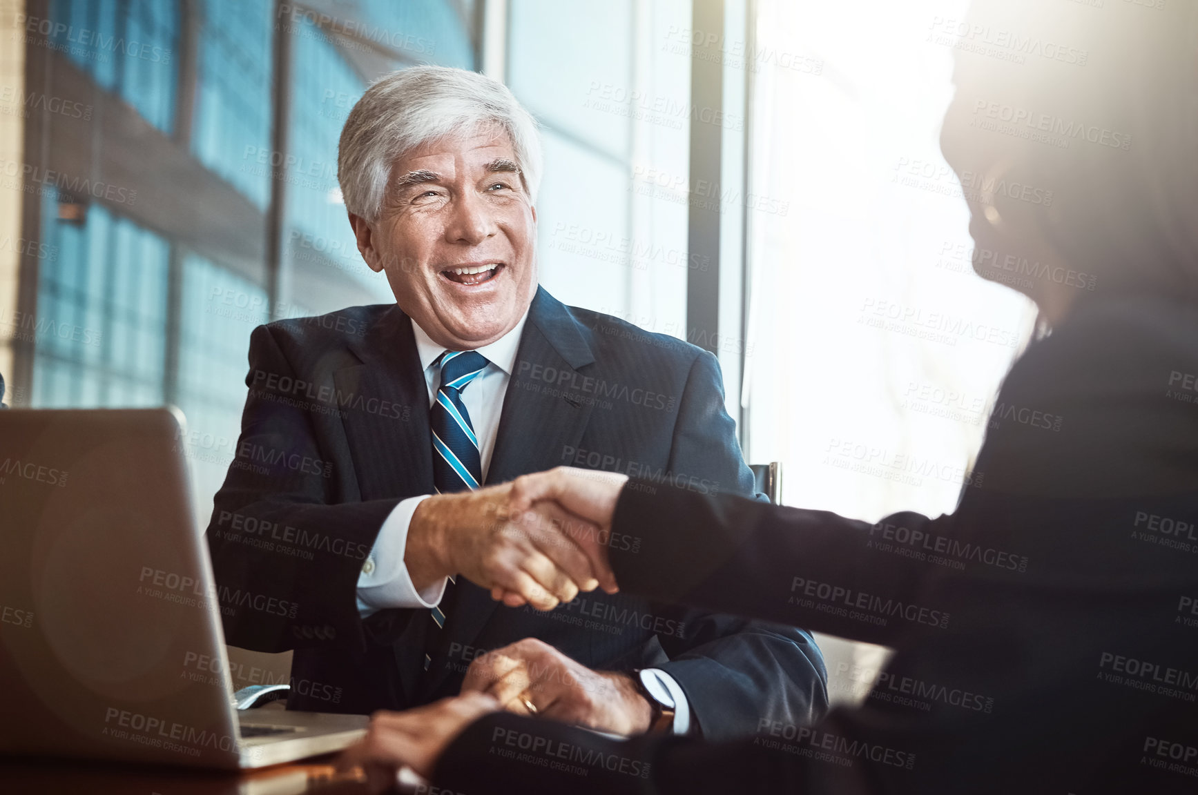 Buy stock photo Senior man, woman and shaking hands in boardroom with agreement, thanks and success at interview for job. People, human resources and manage with handshake, employee or b2b collaboration in office