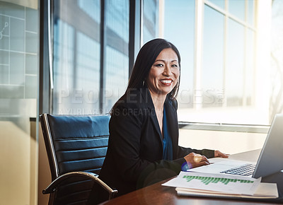 Buy stock photo Japanese woman, documents and laptop for graphs, review and smile in portrait at financial agency. Person, accountant or happy in office for budget, audit and charts for performance, growth or stats