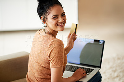 Buy stock photo Woman with smile, laptop and credit card with online shopping and payment on store website with fintech. Young female person at home, portrait and happy with internet banking, finance and ecommerce