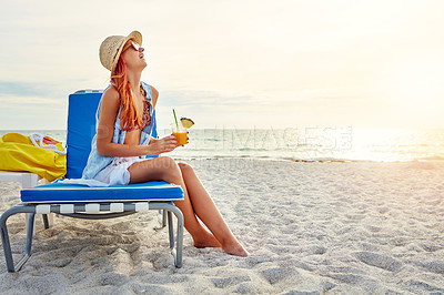 Buy stock photo Beach, chair and woman laughing with cocktail on holiday, travel or summer vacation outdoor on island in Greece. Sea, funny or happy girl with alcohol fruit drink in glass at ocean to relax in nature