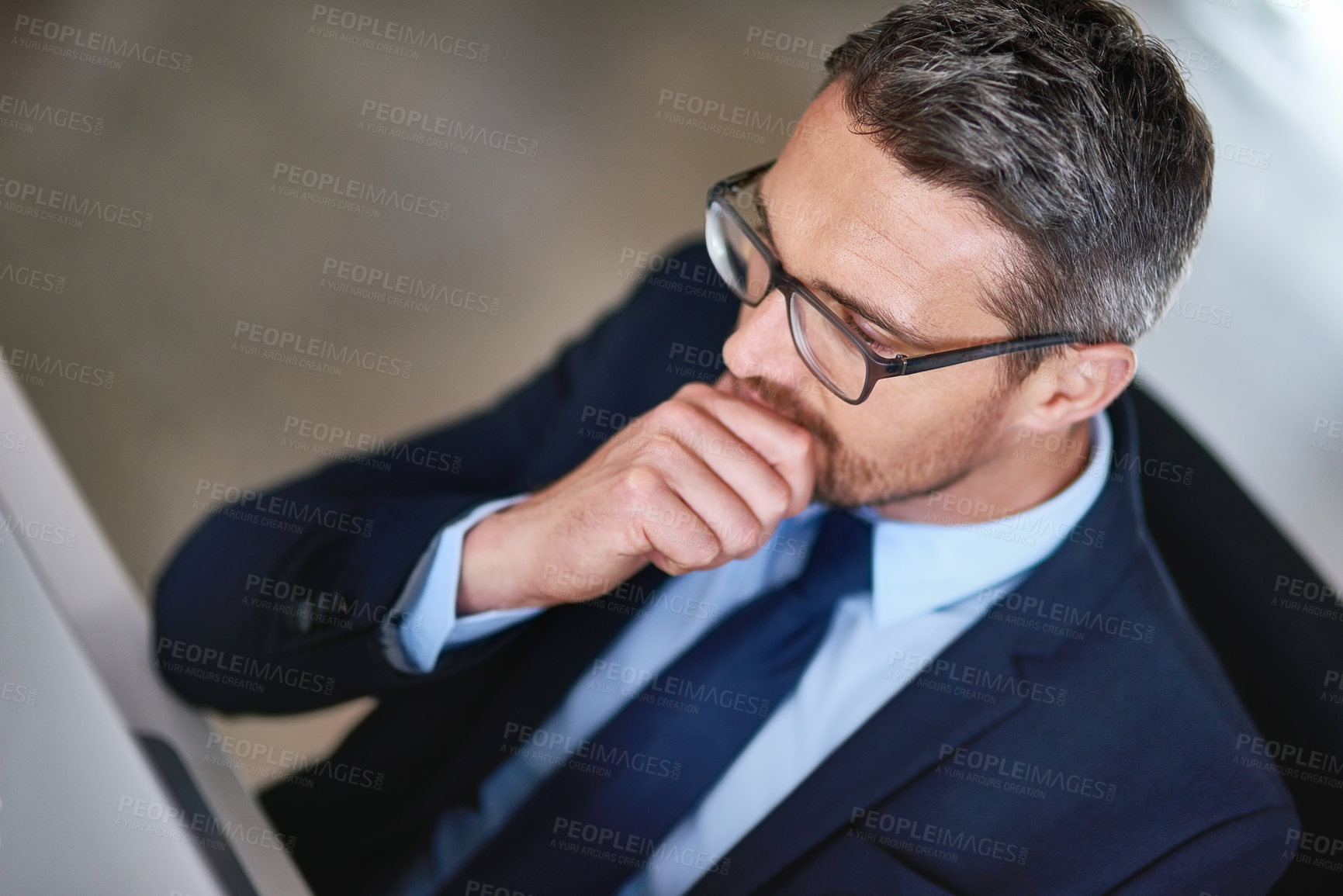 Buy stock photo Thinking, business man and working with finance research, investment planning and trading website. Reading, professional and office with online, digital and corporate employee at desk with idea