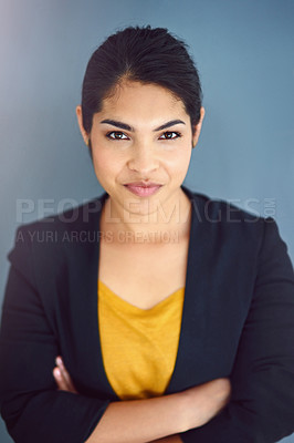 Buy stock photo Business woman, portrait and crossed arms in studio on gray background for career, job and work. Employee, positive and confident lawyer for pride, professional and corporate ambition with goals