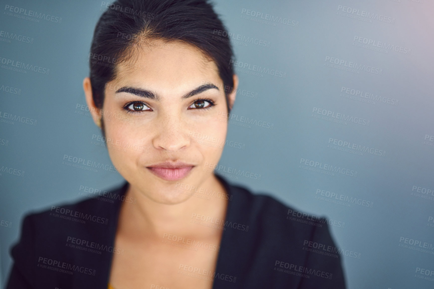 Buy stock photo Studio, business and portrait of woman, confident and professional with pride, USA and lawyer. Blue background, student and smile of person, internship and career in law firm for financial advisor