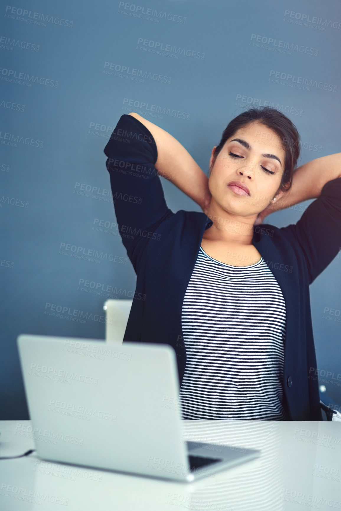 Buy stock photo Laptop, copywriter and woman with stretching, relax for burnout in office in fatigue or tired. Creative, person and technology in online, digital or website for deadline, due date or project at work
