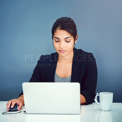 Buy stock photo Businesswoman, work and workplace with laptop on desk, online review and browsing or project info on company website. Mock up, professional and social networking, administrator and planning schedule