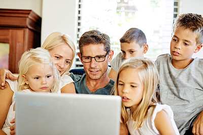 Buy stock photo Mother, father and children in home with laptop, online education and elearning with connection. Family house, mom and dad with kids for streaming movies, video and bonding together with technology