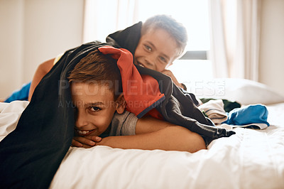 Buy stock photo Kids, brothers and portrait on bed for fun, playful and weekend enjoyment at home. Boys, happy or family in bedroom with energy, trust and relationship development with care or support in morning