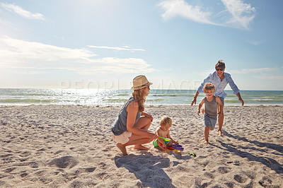 Buy stock photo Happy, parents and kids playing on the beach on family vacation, holiday or adventure in summer. Boy, father and children with outdoor Miami ocean for fun energy and running with chase or race game