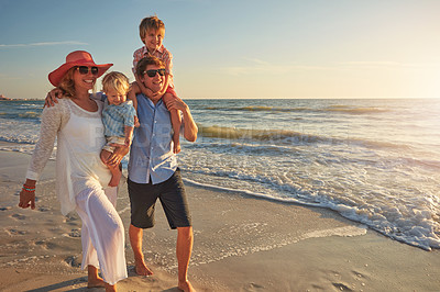 Buy stock photo Walking, holiday and fun for family, beach and bonding in trip, journey and summer in California. Sea, peace and children will parents, waves and water of ocean, couple and man with woman together