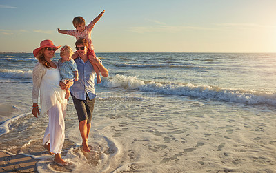 Buy stock photo Happy family, beach holiday and love, smile for vacation on tropical island. Man, woman and children together with sunglasses by ocean for travel with wellness and outdoor at sunset in Mauritius