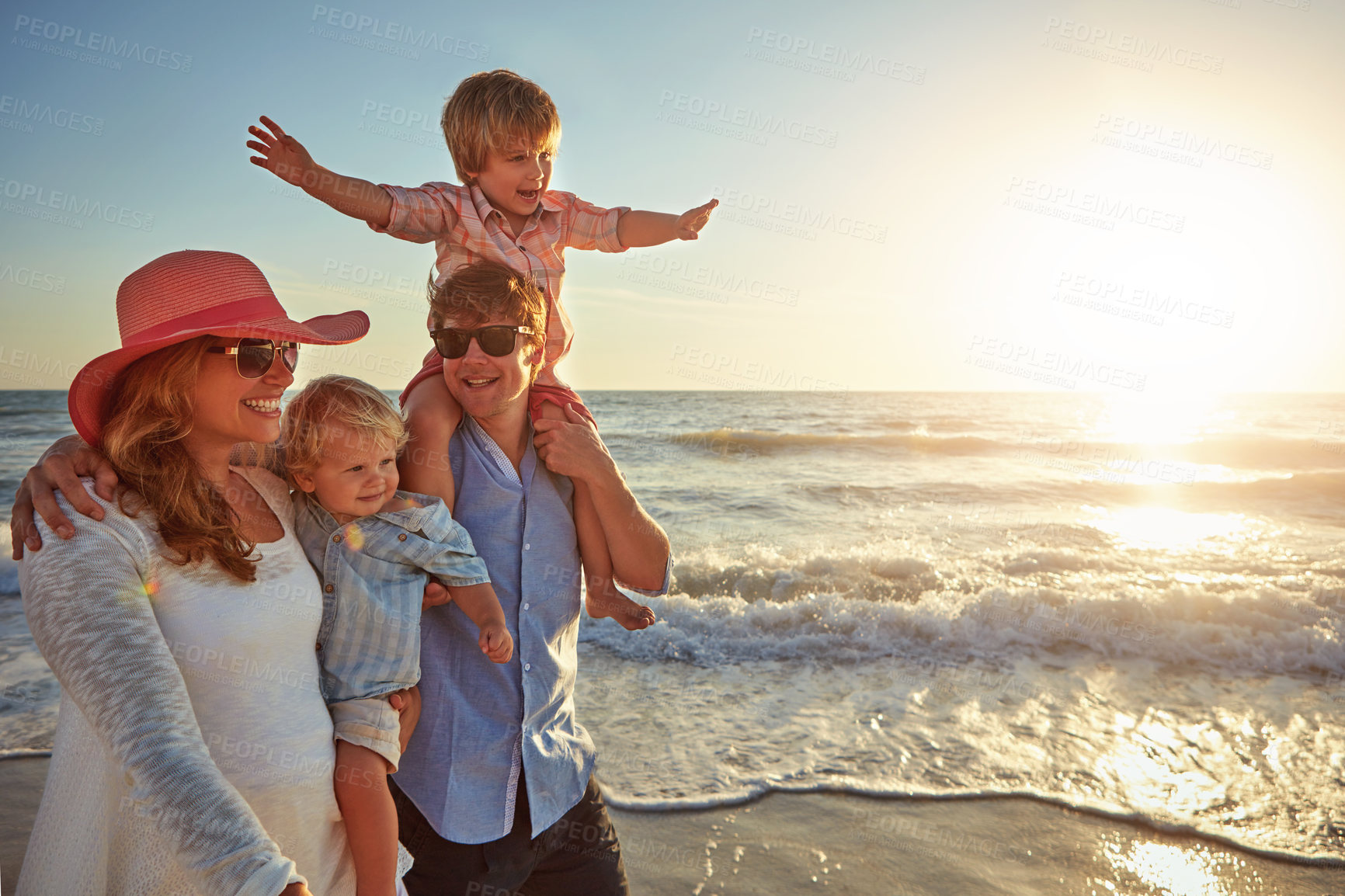 Buy stock photo Summer, holiday and walking for family, beach and bonding in trip, fun and outdoor in California. Sea, peace and children will parents, waves and water of ocean, couple and man with woman together