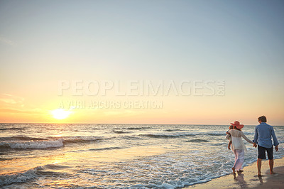 Buy stock photo Back, holiday and walking for family, beach and bonding in trip, fun and outdoor in California. Sea, peace and child with parents, waves and water of ocean, relax and man with woman in vacation