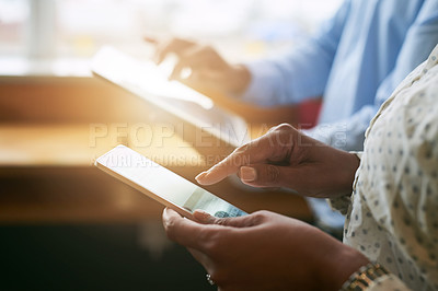 Office, meeting and hands of business people with cellphone for networking, chatting and text message. Corporate staff, technology and connection with tablet, online application and communication