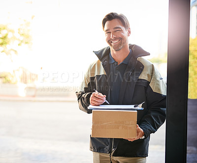 Buy stock photo Delivery man, box and portrait with a package and pen for signature on paper at front door. Logistics worker with courier company parcel in cardboard for e commerce shipping or mail distribution

