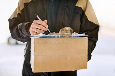 Buy stock photo Delivery man, box and hands with a package and pen for signature on paper at front door. Logistics worker with a courier company parcel in cardboard for e commerce shipping or mail distribution
