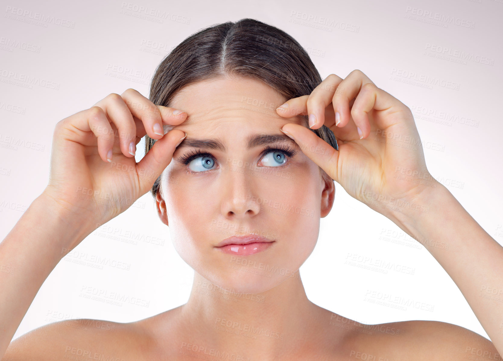 Buy stock photo Woman, wrinkles and thinking on skincare cosmetics for antiaging treatment, beauty and spot check. Female person, stress and plan for botox or facial transformation, anxiety and studio background