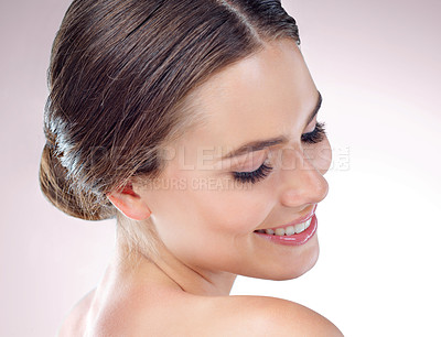 Buy stock photo Smile, relax and happy woman with makeup, eyeshadow or wellness in white background in studio. Shine, smooth texture or confident girl model with glow, skincare cosmetics or beauty treatment results