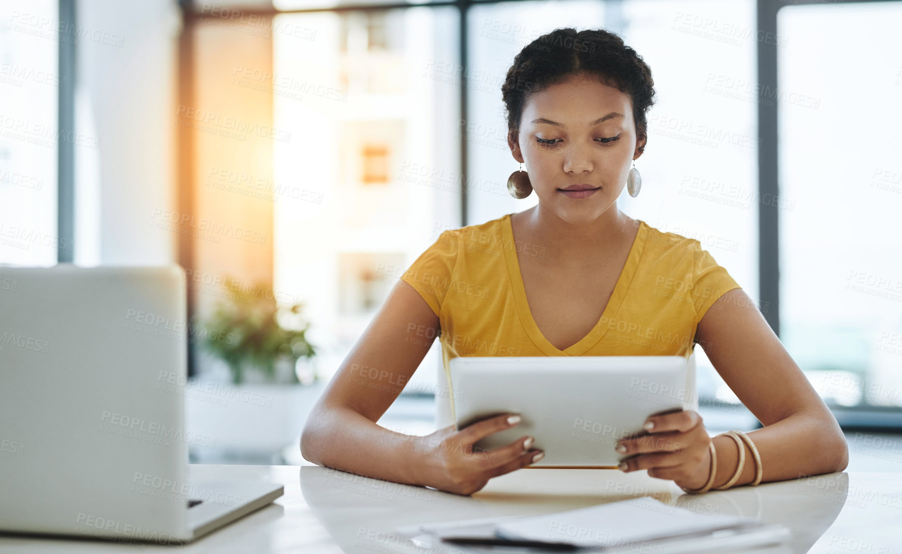 Buy stock photo Research, writer or woman on tablet reading in office for copywriting, editing and creative agency for media. Startup, news story or journalist with laptop for publication website and blog update