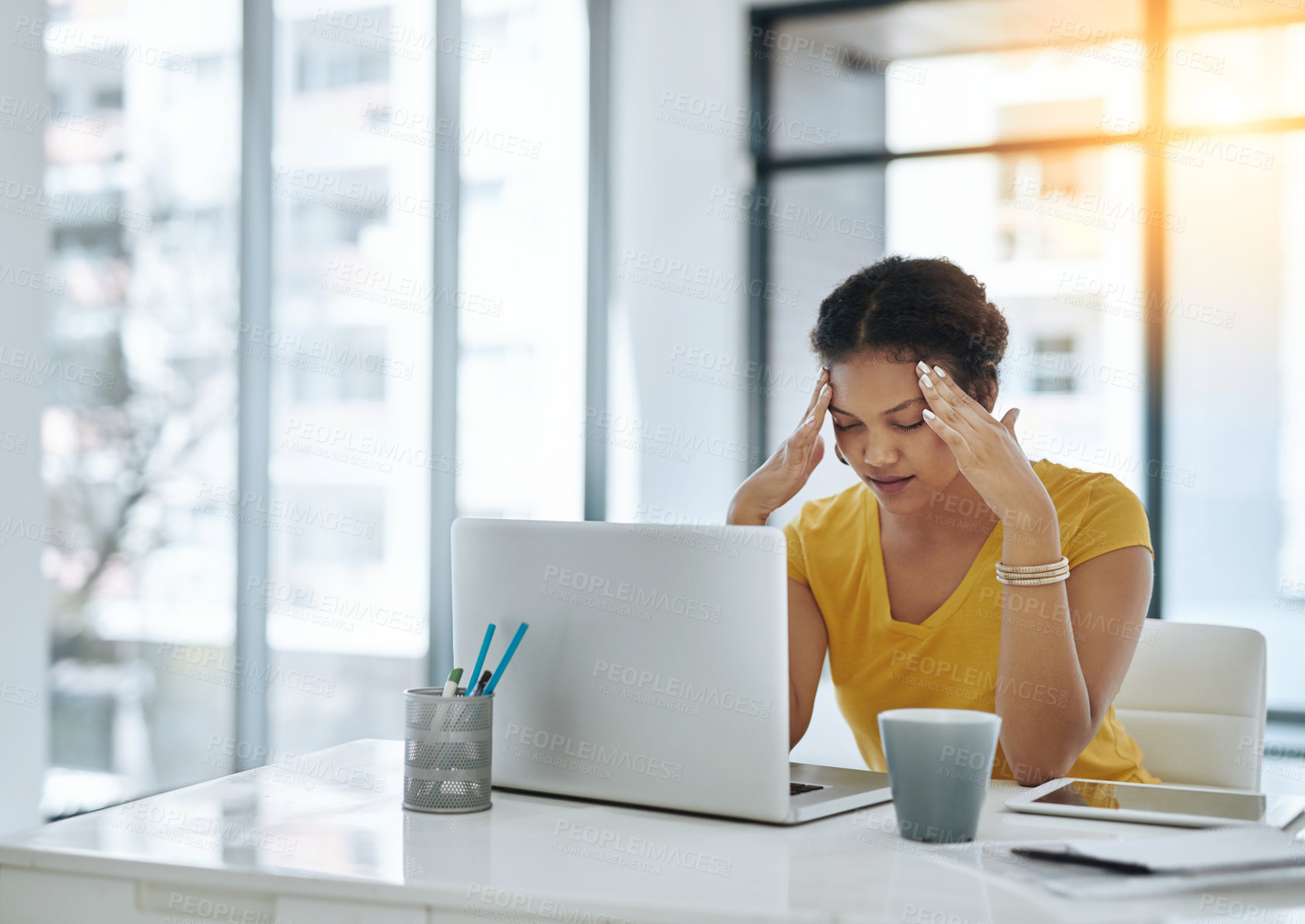 Buy stock photo Fatigue headache, laptop and woman in office, exhausted with 404 error, pain or web problem. Frustrated, stress and tired girl with burnout, anxiety and deadline for time management crisis at desk