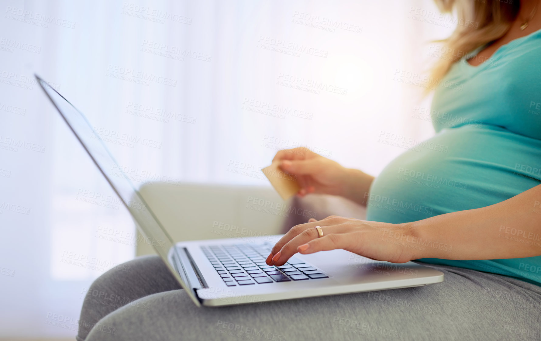 Buy stock photo Pregnant woman, hands and credit card with laptop in home for maternity online shopping and financial payment on sofa. Ecommerce, person and web purchase with transaction, banking service or consumer