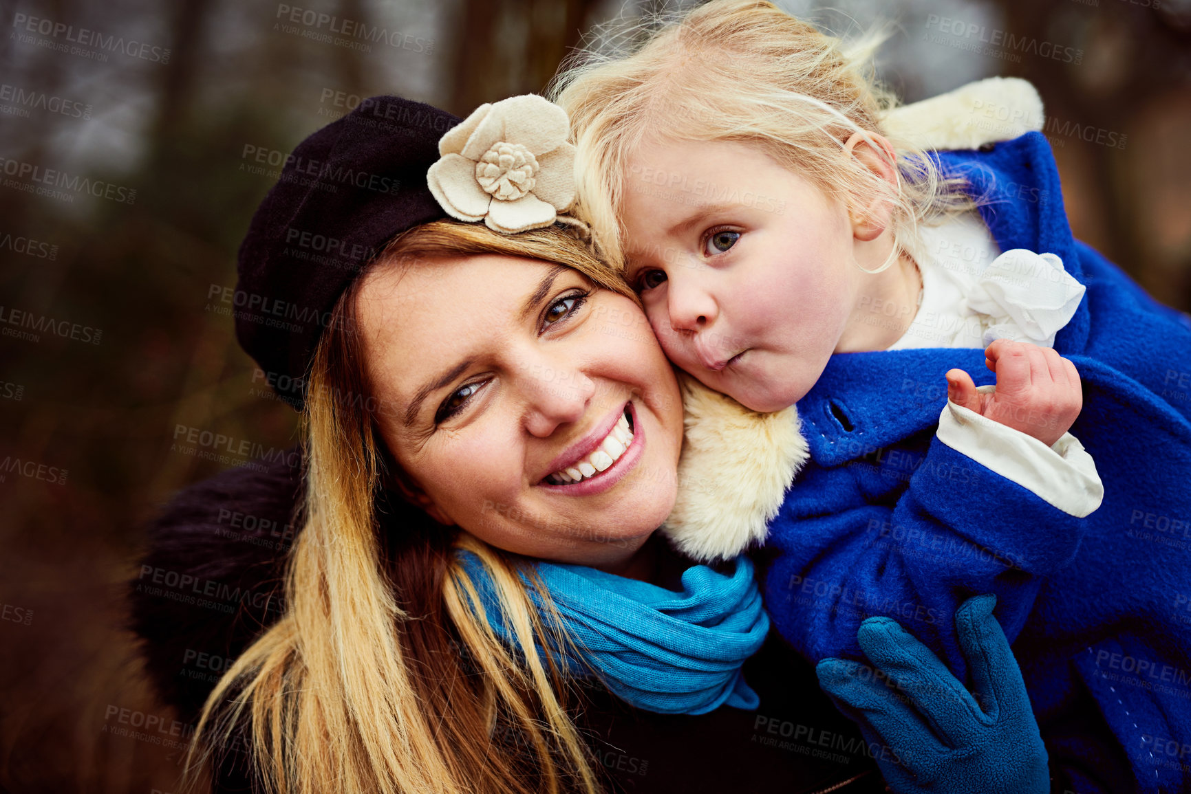 Buy stock photo Portrait, hug and mom in park with girl or support for outdoor fun, love or bonding together. Holiday, single parent or mother with child, daughter or care in cold winter weather with safety or trust