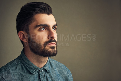 Buy stock photo Thinking, designer or man in studio for mockup, creative vision or memory of ideas on gray background. Fashion model, confident and entrepreneurship mindset for solution, problem solving and space