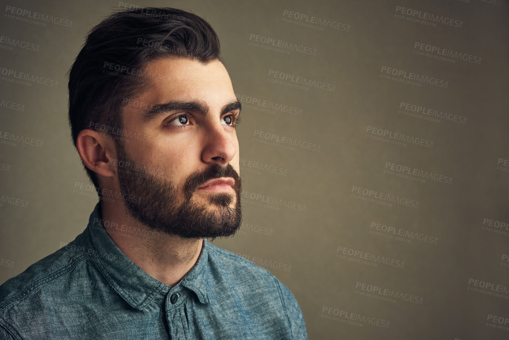 Buy stock photo Thinking, designer or man in studio for mockup, creative vision or memory of ideas on gray background. Fashion model, confident and entrepreneurship mindset for solution, problem solving and space