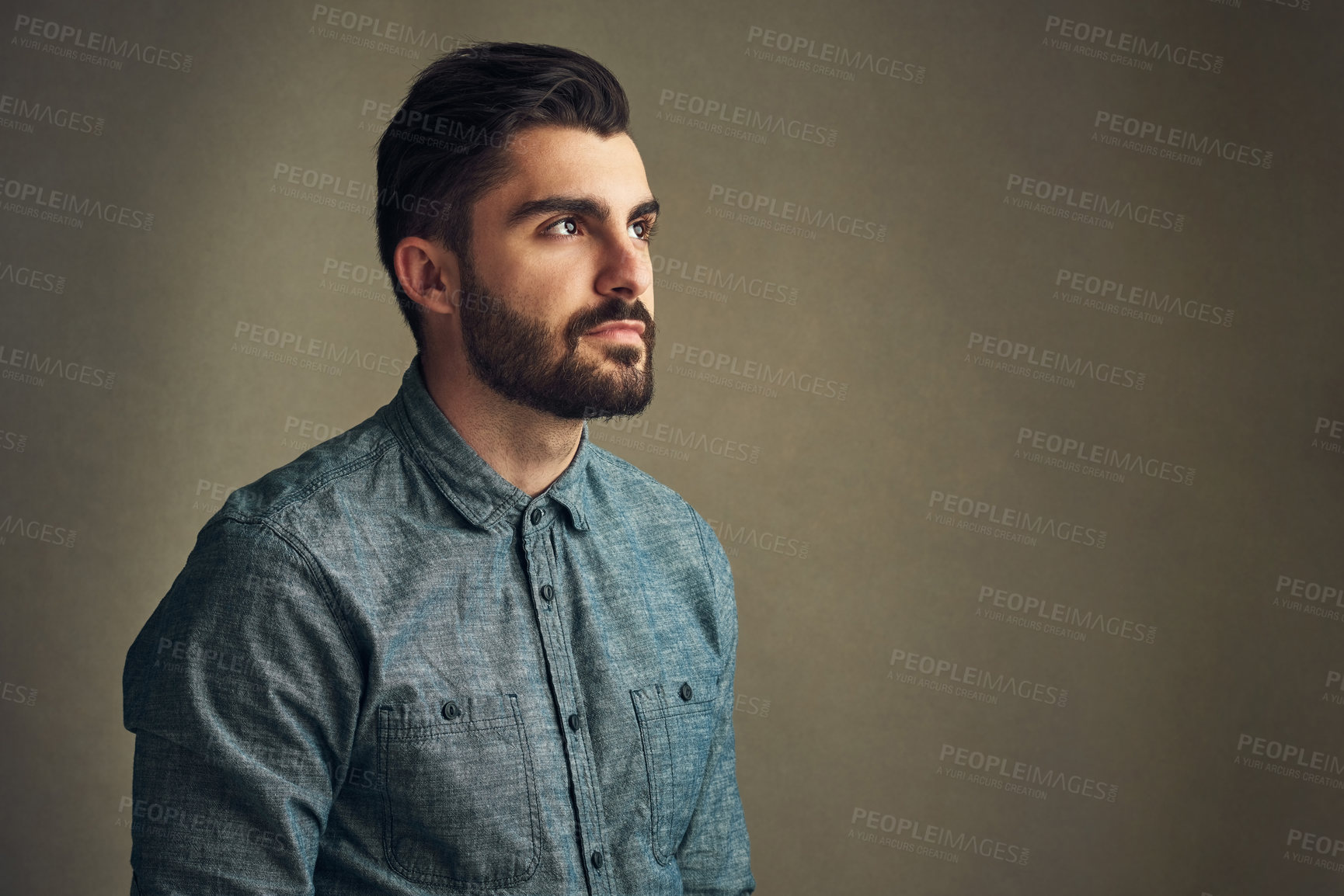 Buy stock photo Thinking, designer or man in studio for space, creative vision or memory of ideas on dark background. Fashion model, confident and entrepreneurship mindset for solution, problem solving and mockup