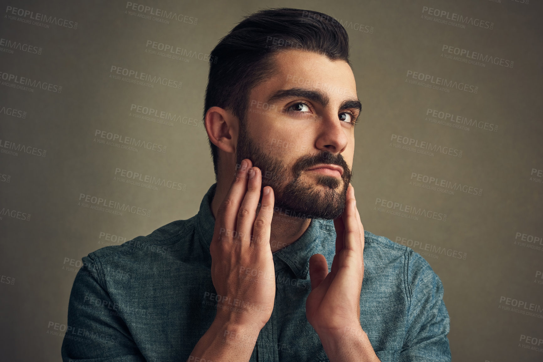 Buy stock photo Man, grooming and touch beard on studio background for facial hair maintenance, self care and texture. Male person, growth and personal hygiene on face for skin, beauty and morning routine as barber